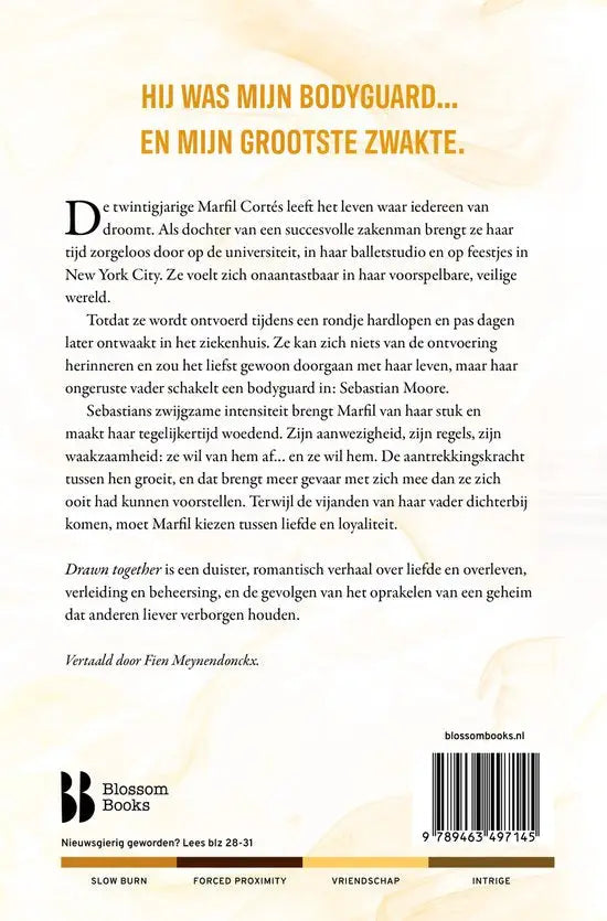 The back cover of the dutch novel drawn together by mercedes ron from de marfil-saga deel 1 published by blossom books