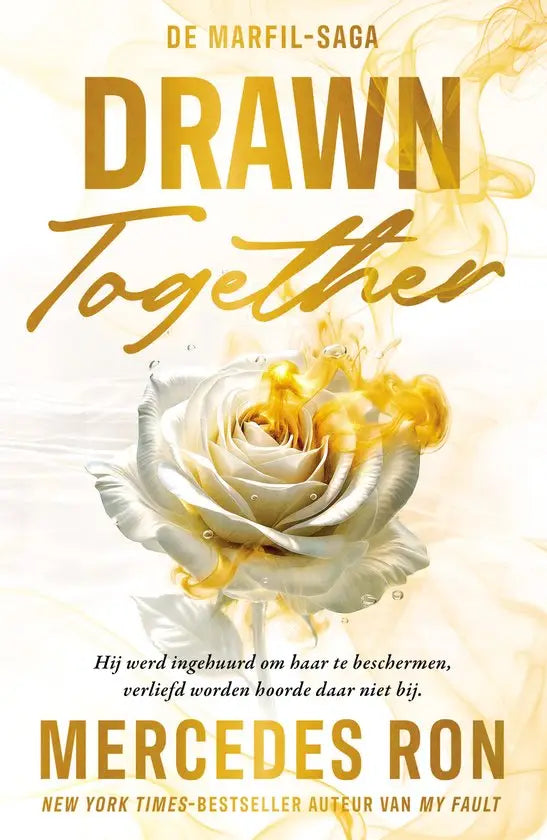 A white rose with golden smoke on a cream background for drawn together by mercedes ron de marfil saga deel 1