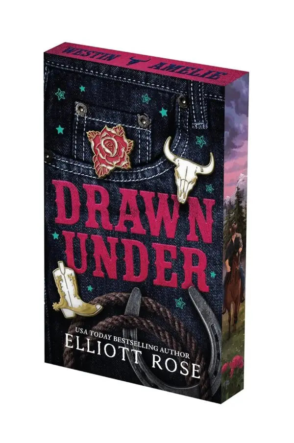 The special edition book drawn under by elliott rose features a denim jacket design with red and gold pins including a rose and bull skull