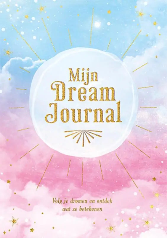 Een dream journal met pastelroze en blauwe aquarelcover en gouden folieletters mijn dream journal