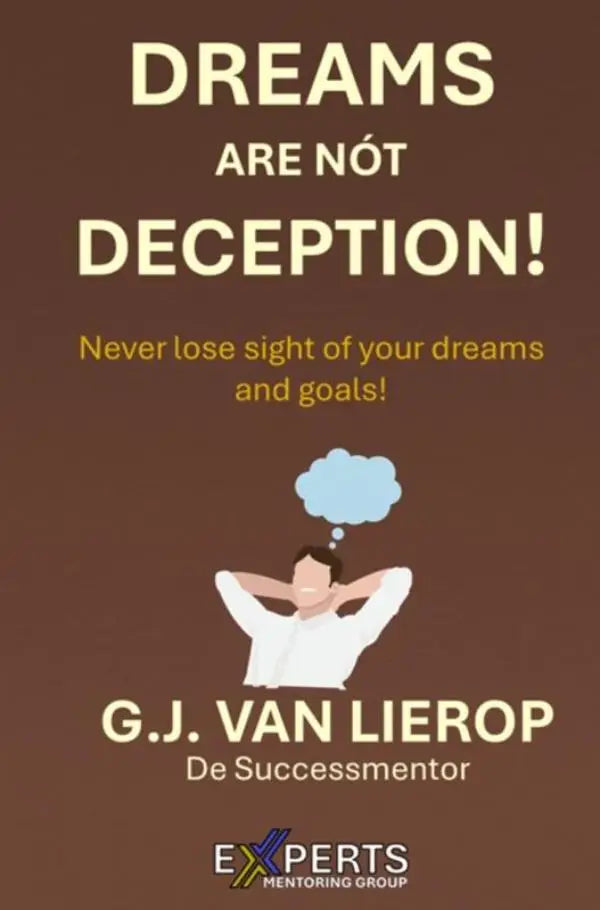 Brown motivational poster with cream text and a white figure thinking featuring never lose sight your dreams and goals