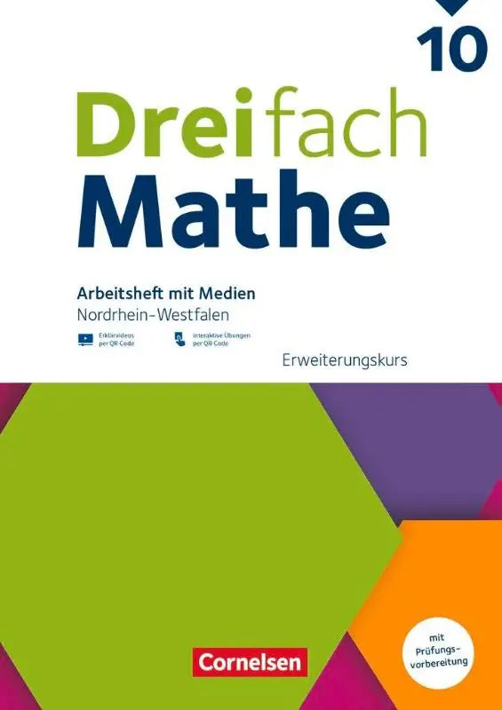 Groen en paars geometrisch werkboek dreifach mathe 10e klas met interaktiven oefeningen en uitlegvideo’s van Cornelsen