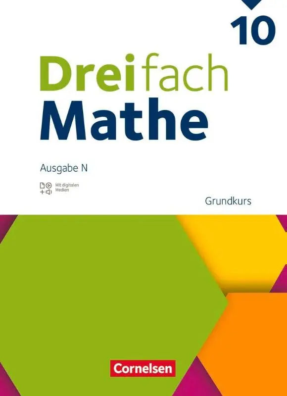 Het voorplat van het dreifach mathe 10 schoolboek met digitale hilfen en een geometrisch patroon in felle kleuren