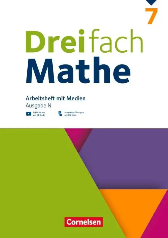 De cover van het dreifach mathe 7 arbeitsheft mit medien met groene en blauwe tekst en kleurrijk geometrisch ontwerp