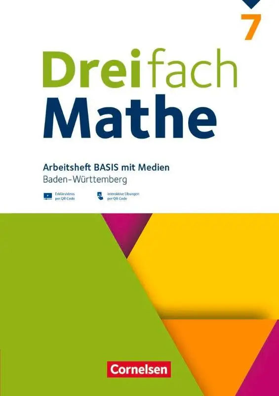 De cover van het dreifach mathe 7 werkboek met groenblauwe tekst en een kleurrijk geometrisch ontwerp voor basisonderwijs