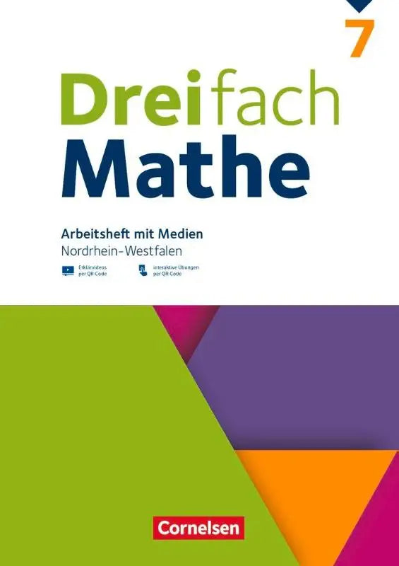 De cover van het dreifach mathe 7 arbeitsheft met medien toont een kleurrijk geometrisch ontwerp met groene en blauwe tekst