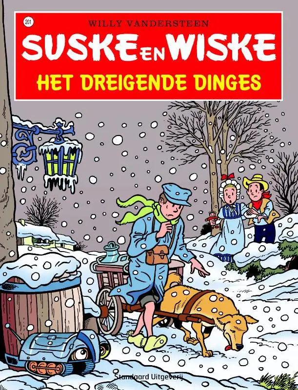Het cover van het suske en wiske stripboek het dreigende dinges door willy vandersteen toont een winterse scène