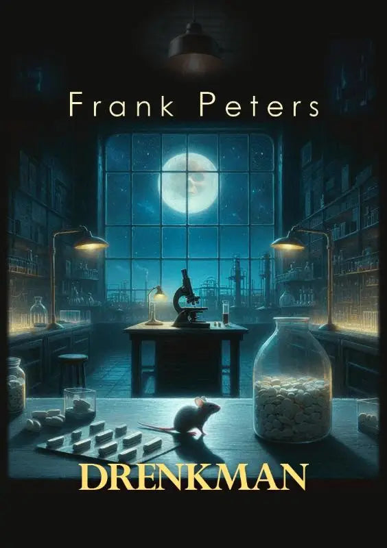 Boekcover van drenman toont een donkere laboratoriumscène met volle maan en frank peters in witte letters