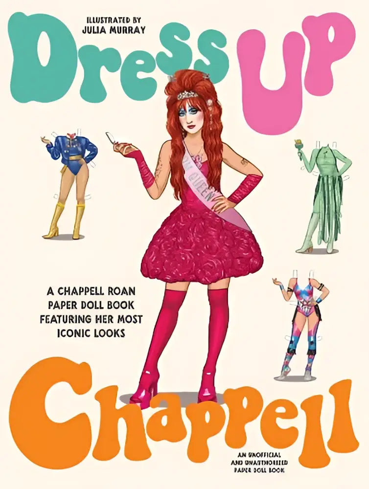 A vibrant pink sequined dress with flared skirt and matching heels on a chappell roan paper doll from a paper doll book