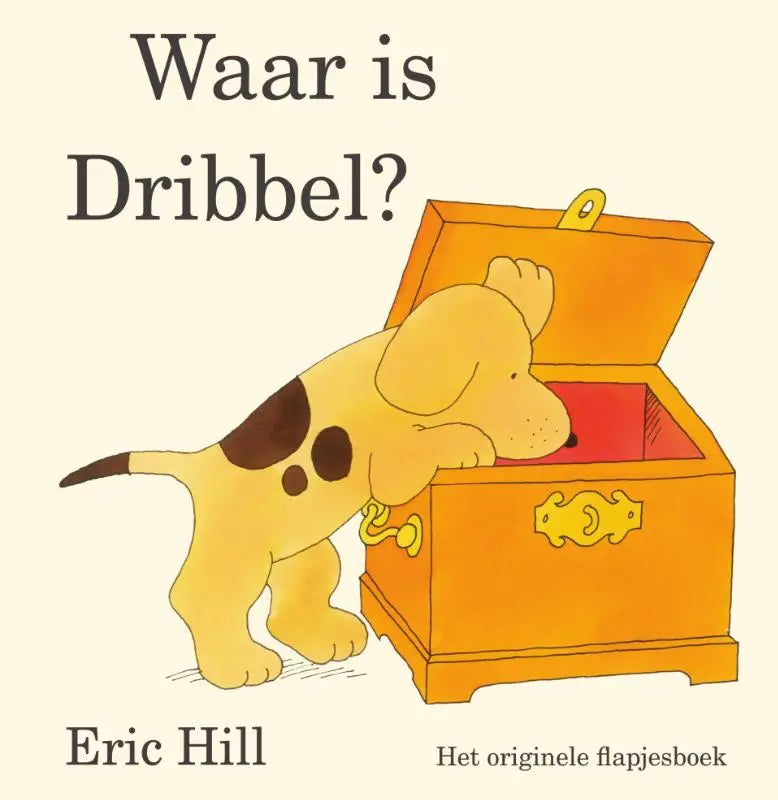 Een gele puppy met bruine vlekken kijkt in een open oranje houten schatkist uit het product waar is dribbel