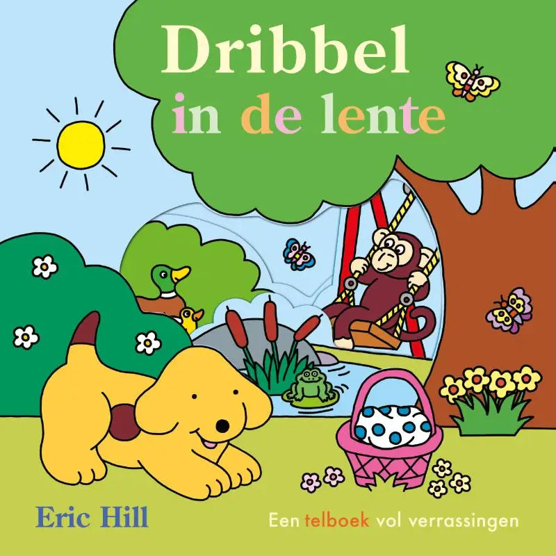 Jonge lezers zien een gele puppy met bruine oren en halsband liggend op groen gras bij een boom in dribbel in de lente