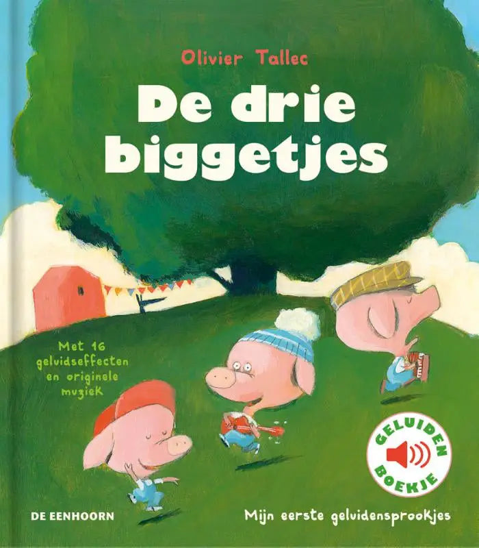 De drie biggetjes kinderen audioboek door olivier tallec met kleurrijke cartoon biggen onder groene boom binnen peuterboeken