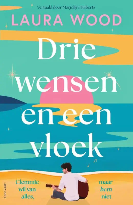 De boekcover van drie wensen en een vloek door Laura Wood en Clemmie Wil toont een persoon met akoestische gitaar op het strand