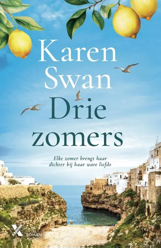 De boekcover van drie zomers toont een kleurrijke illustratie van een kustdorp met witte huizen en citroenen
