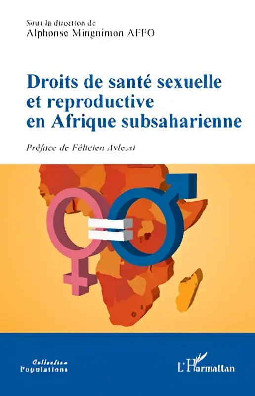 De boekcover toont een gestileerde kaart van afrika in oranje met overlappende roze en blauwe gender-symbolen voor seksuele en reproductieve gezondheidsrechten in afrika subsahara