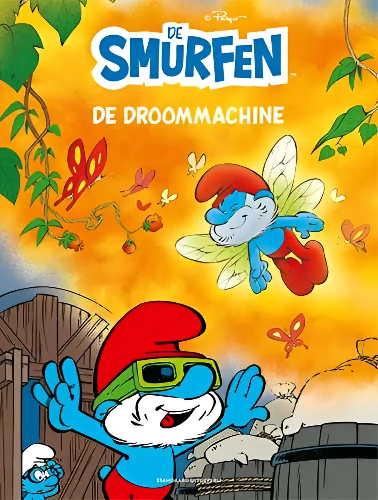 De droommachine product met blauwe smurf in rode hoed en groene bril die vrolijk zwaait voor houten poort