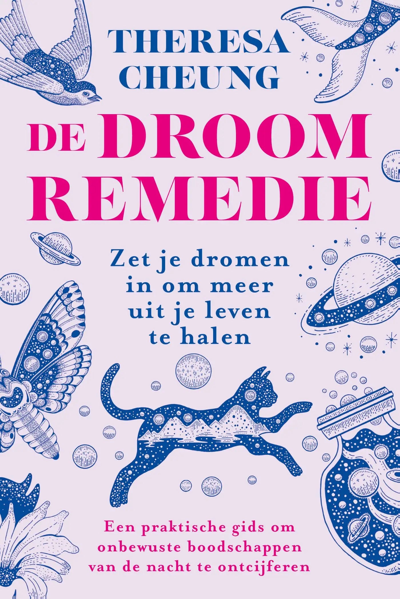 De droomremedie boek met blauwe lijntekeningen van dieren en lucht op lavendelkleurige achtergrond over dromen zetten en halen