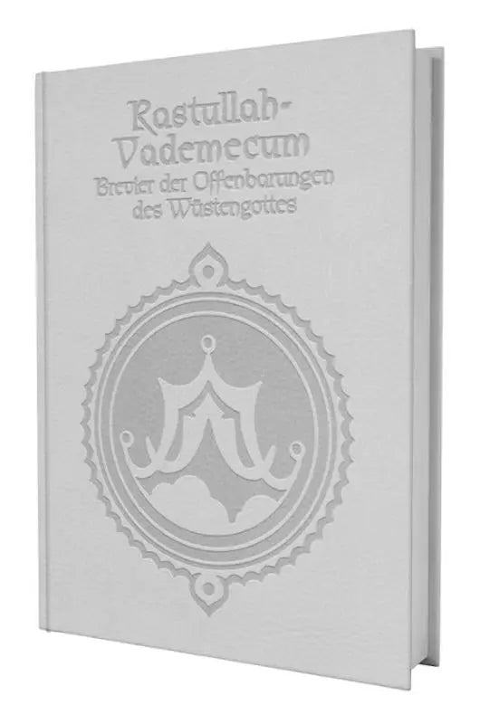 Een wit hardcover boek dsa rastullah-vademecum met goudfolie reliëf en een kroon embleem op de voorkant
