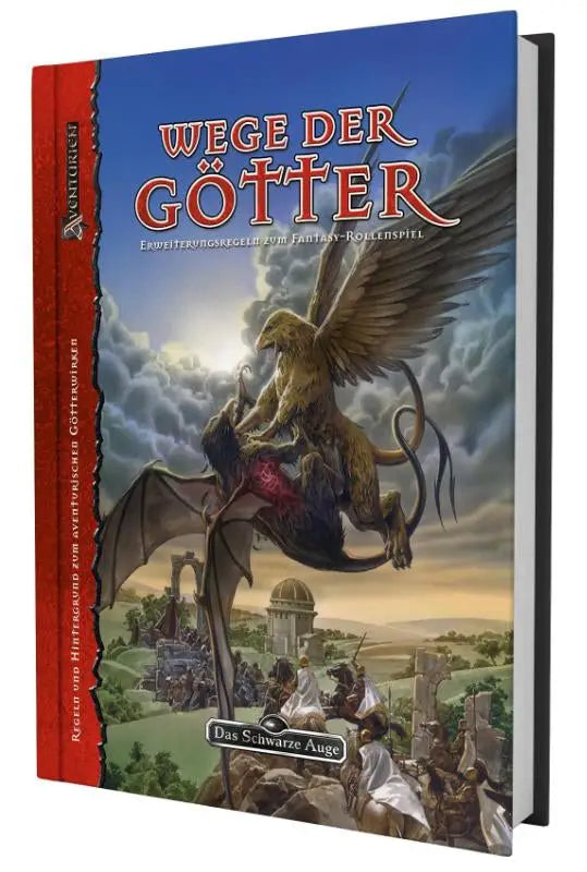Het boek dsa4 wege der götter remastered toont een gouden griffioen op een zwarte draak op een slagveld door florian don-schauen thomas römer ulisses spiel