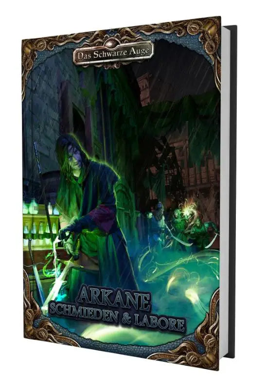 De arkane schmieden boek heeft een donker fantasy-omslag met gloeiende groene magische details en gouden randen