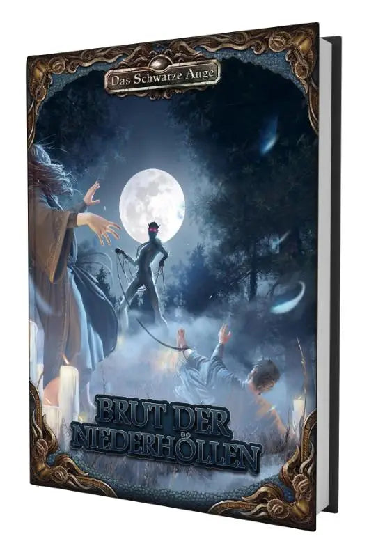 Hardcover boek dsa5 brut der niederhöllen met goudgeëmboste rand en donker fantasiedeksel in maanverlichte bosomgeving