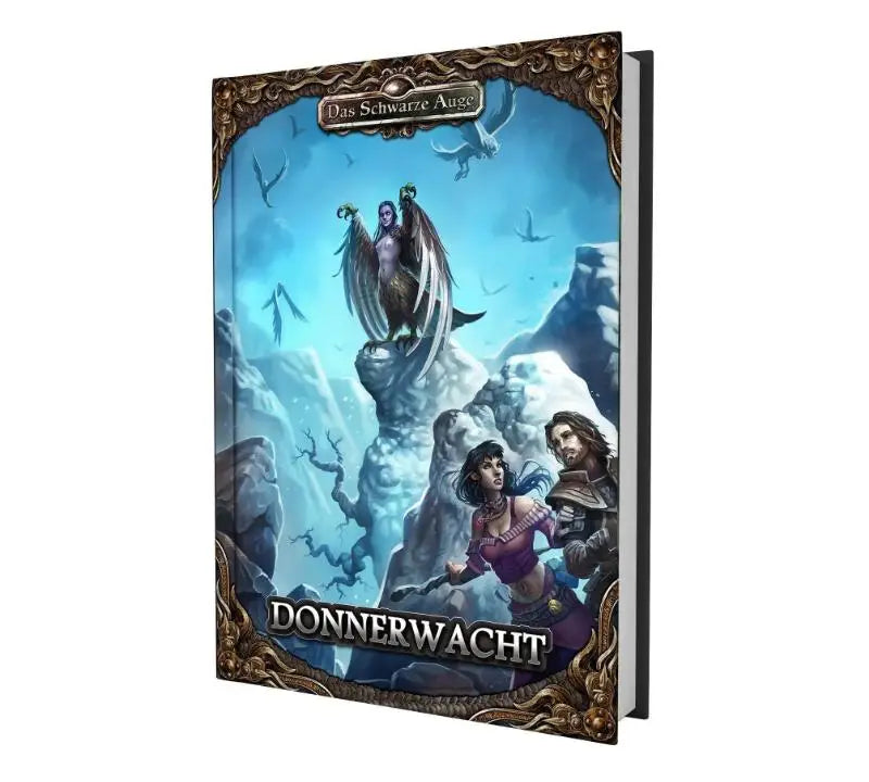 Hardcover fantasieroman das schwarze auge donnerwacht met goud gegraveerde rand en levendige illustratie voor donnerwacht kampagne