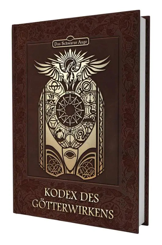 Donkerbruin leren gebonden boek kodex des götterwirkens met goudreliëf van gevleugeld figuur en schildembleem