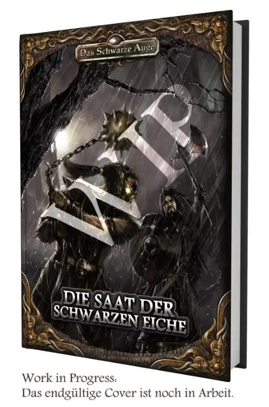 Darkly illustrated fantasy book dsa5 die saat der schwarzen eiche with ornate gold border featuring armored warriors