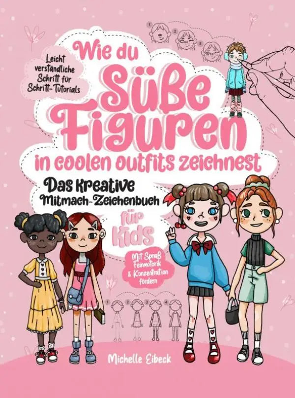 Roze illustratie van kinderboekcover met cartoonmeisjes in kleurrijke kleding voor coolen outfits zeichnest en feinmotorik und konzentration