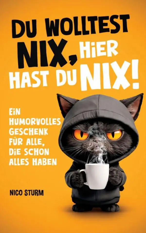 Een humorvol geschenk met een zwarte kat in donkergrijze hoodie die een witte keramische mok vasthoudt met stoom