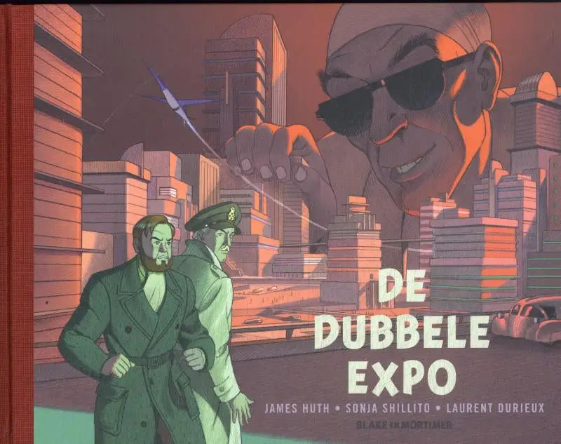 De cover van de dubbele expo graphic novel toont twee mannen in trenchcoats in een oranje stadsbeeld met james huth en blake mortimer