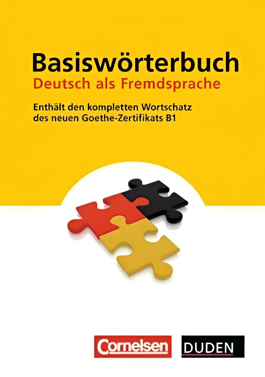 Gele en witte boekomslag van basiswörterbuch deutsch met puzzelontwerp in rood, zwart en goud