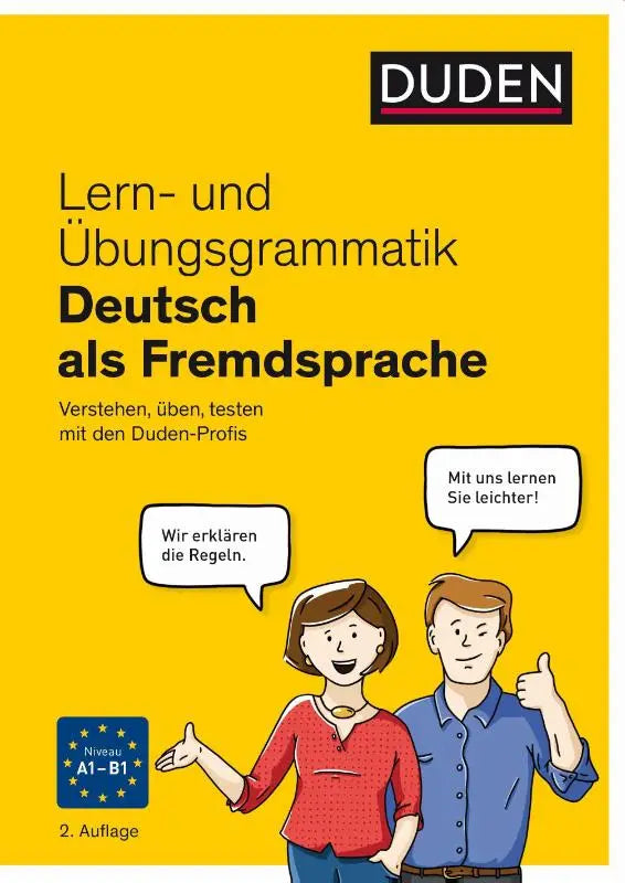 Gele leer- und übungsgrammatik deutsch als fremdsprache van duden met cartoon illustraties van man en vrouw