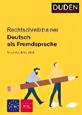 Gele boekomslag van rechtschreibtrainer deutsch als fremdsprache uit dezelfde reeks met illustraties en duden logo