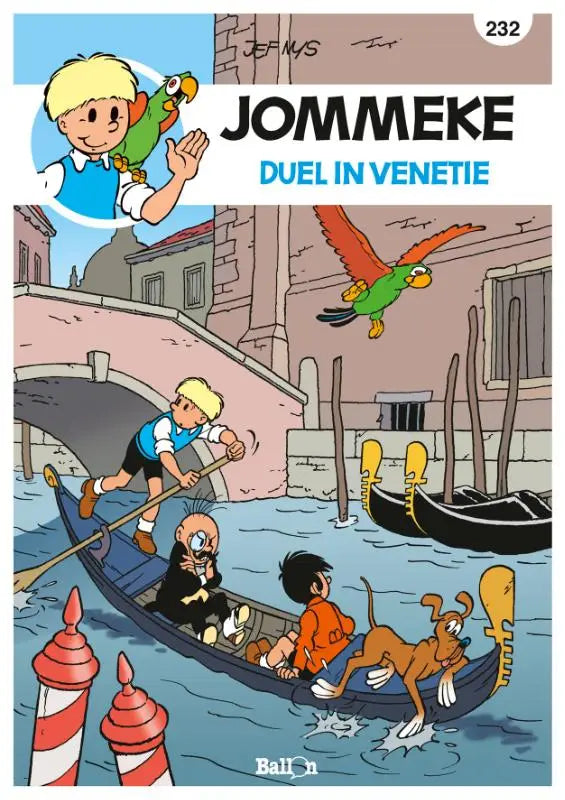 De cover van de jommeke strip duel in venetië met kleurrijke cartoonillustratie en klassieke paneelindeling