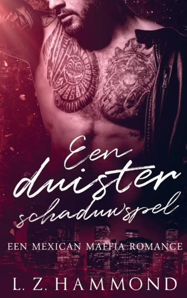 De boekcover van een duister schaduwspel toont een man met zwarte tattoos op zijn borst en schouders tegen een donkerrode achtergrond