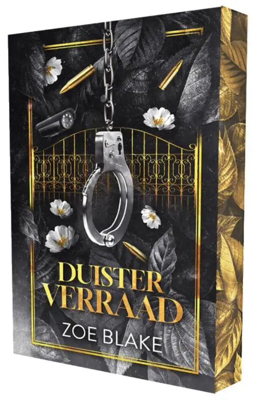 Een metalen zilveren handboei aan een ketting tegen een zwarte en gouden bladeren achtergrond duister verraad steamy romance zoe blake