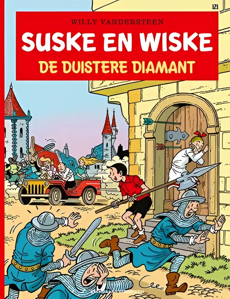 De cover van het stripboek suske en wiske de duistere diamant van willy vandersteen met levendige illustraties en rode letters
