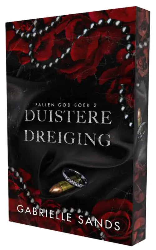 Duistere dreiging is een zwarte hardcover roman van gabrielle sands met zilveren tekst en rode rozen voor een steamy romance