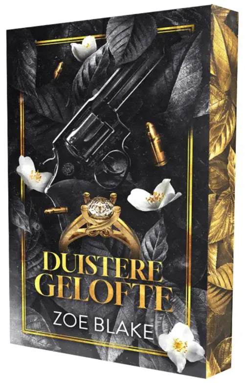 Zwart en goud paperback van duistere gelofte met revolver, kogelhulzen, witte bloemen en een diamant ring ivanov crime family-serie