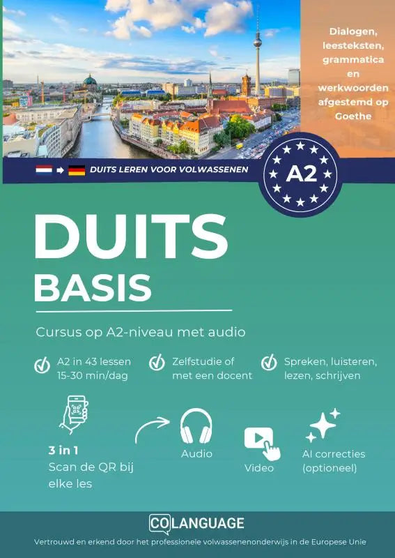 Teal en wit omslag van duits a2 basis cursusboek met berlijn skyline voor duits leren op a2-niveau volwassenen