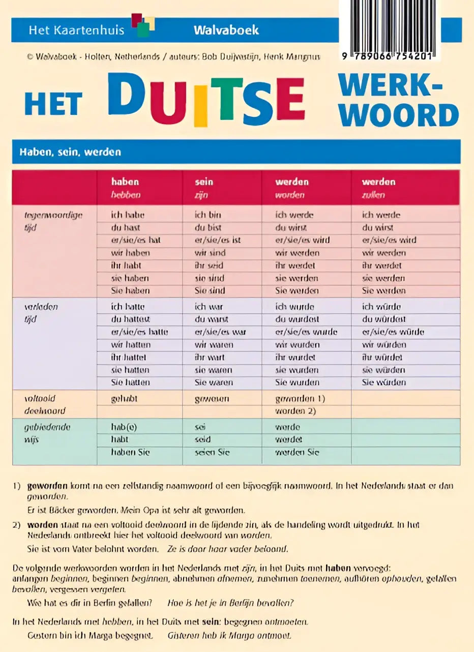 De achterkant van het dutse werkwoord werkboek toont een kleurrijke tabel met vervoegde werkwoordsvormen in rood en blauw