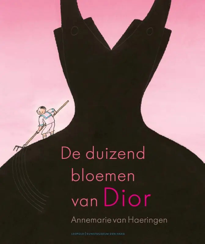Zwarte silhouet van een dior jurk met cirkelvormige knoopdetails tegen een roze achtergrond in duizend bloemen