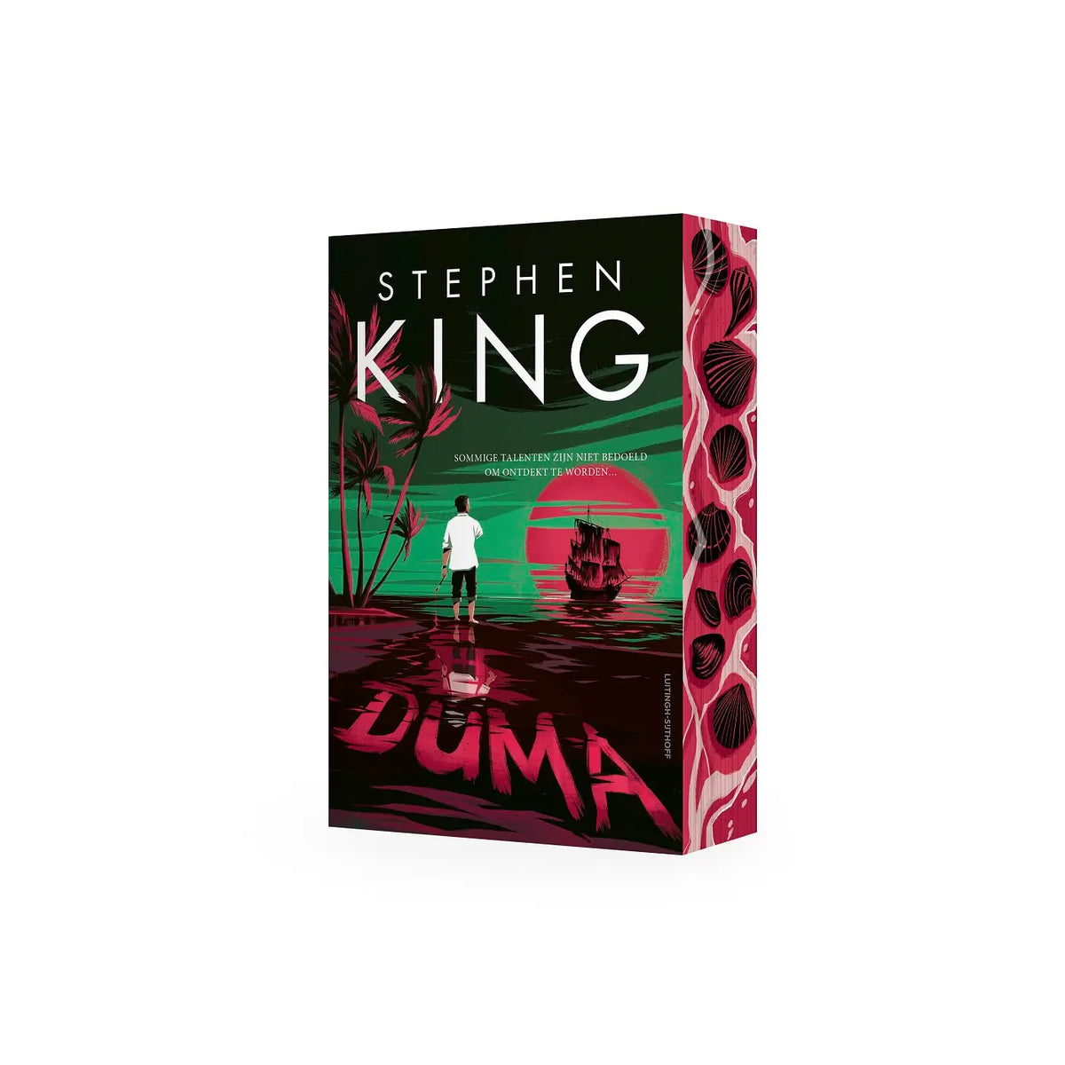 Stephen king spannende boeken algemeen duma boek met levendige roze en teal omslag en een figuur bij een schip onder de zon