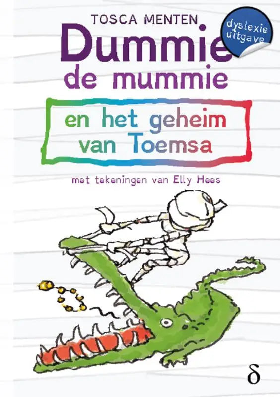 Kinderboekcover dumme de mummie 9 met cartoon skelet op groene krokodil met rode tanden en gele kralen