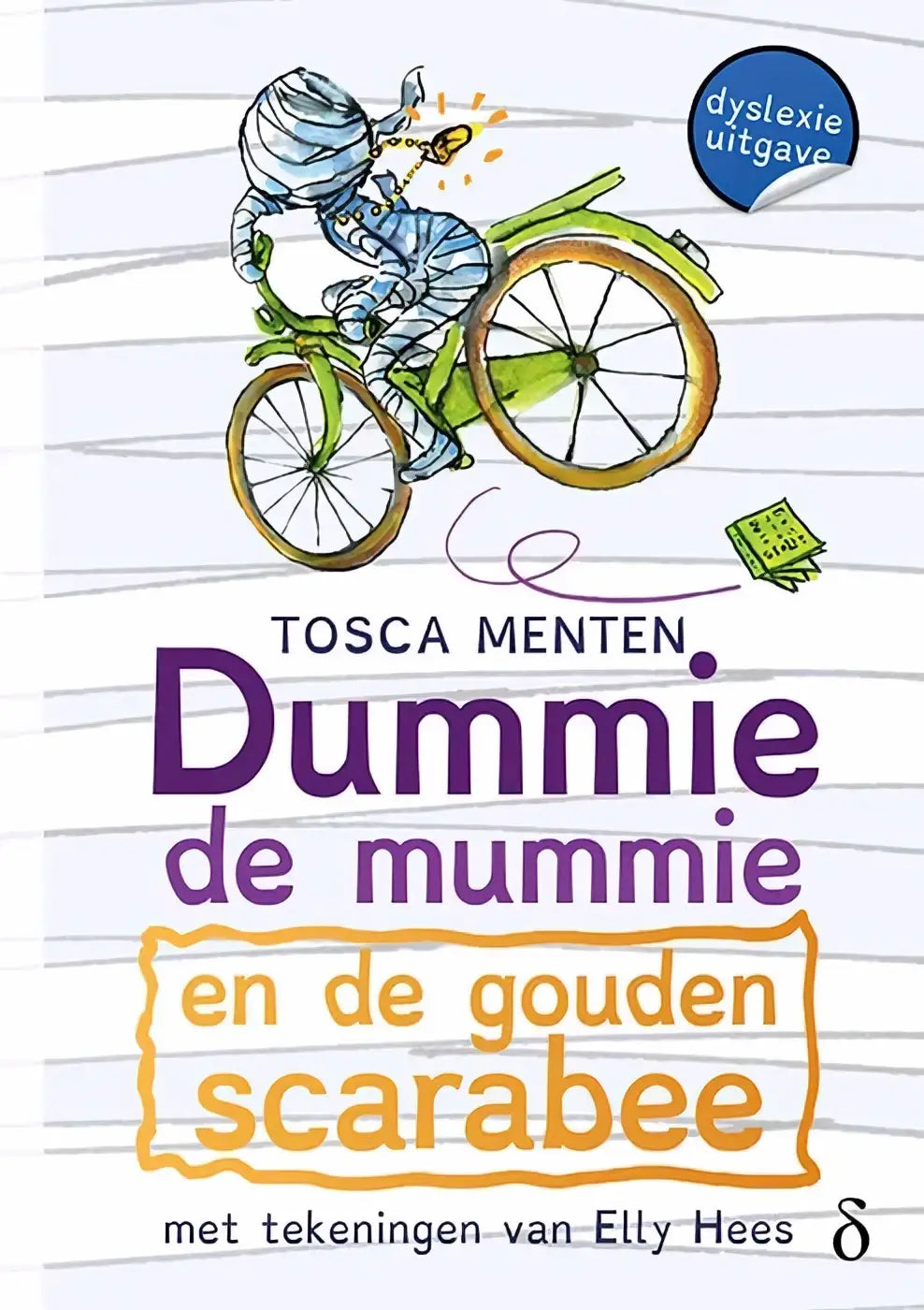 Een speelse kinderboekcover van dummie de mummie deel 1 met een mummie op een groene fiets en gouden scarabee