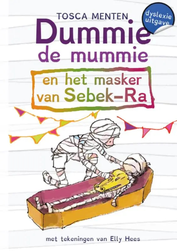 De boekcover van dummie de mummie deel 4 toont twee witte mummies op een gele kist met paars bekleedsel