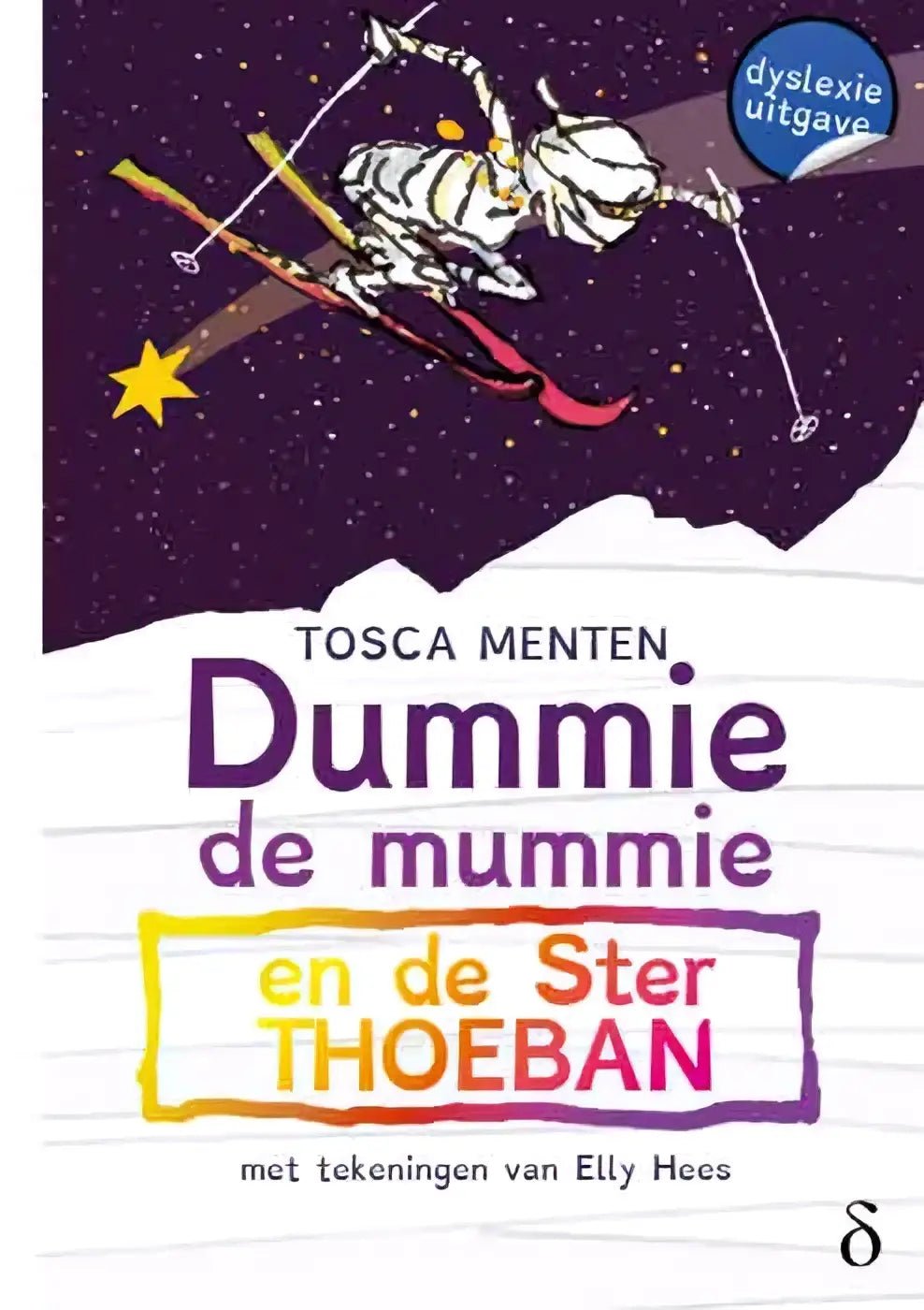 Een cartoon mummie deel 6 skiën op rode ski’s in de ruimte met ster thoeban op paarse achtergrond