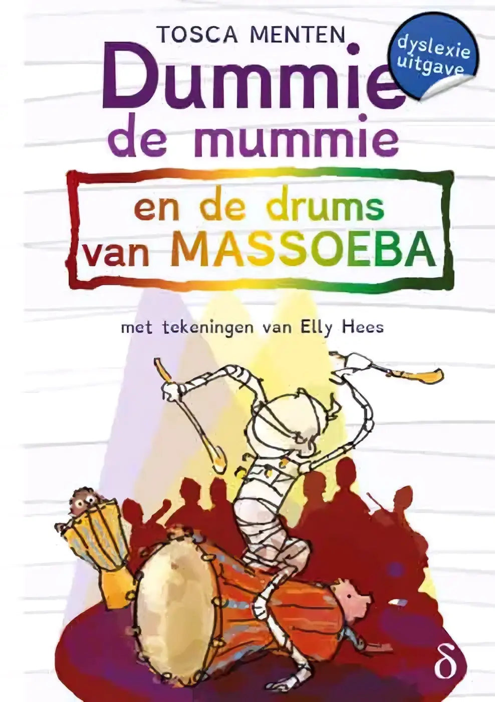 Cartoon mummie deel 7 met wit bandage kostuum en drumsticks staand op grote oranje-bruin drum met gele accenten