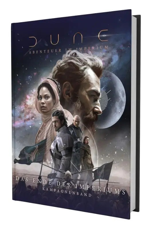 Donkere blauwe hardcover boek dune abenteuer im imperium met kunst van personages tegen kosmische achtergrond das ende des imperiums